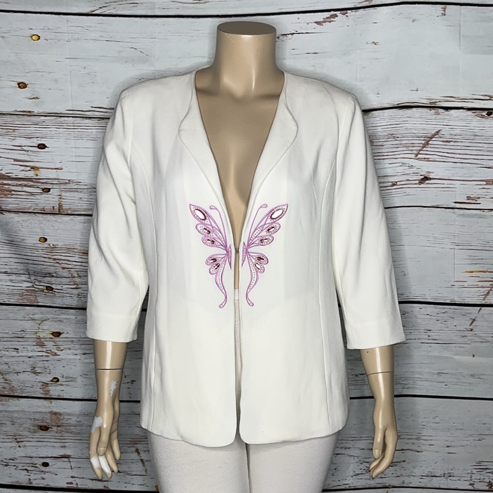 Bob Mackie Wearable Art NWT Size XL White - Embroidered Butterfly Blazer Jacket